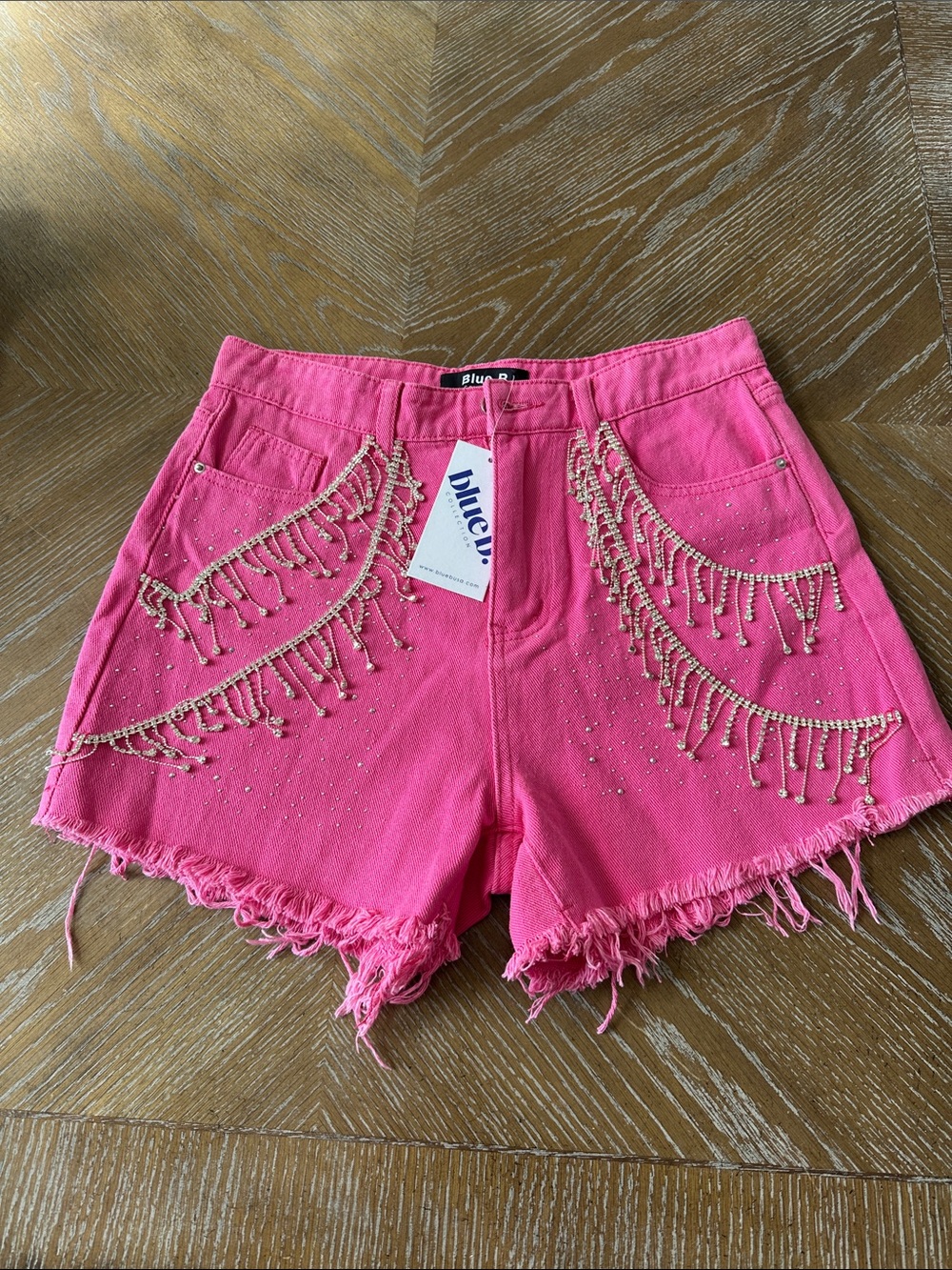 Hot Pink Beaded Fringe Jean Shorts